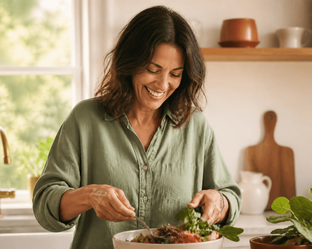 A woman preparing a salad in a bright kitchen, laughing