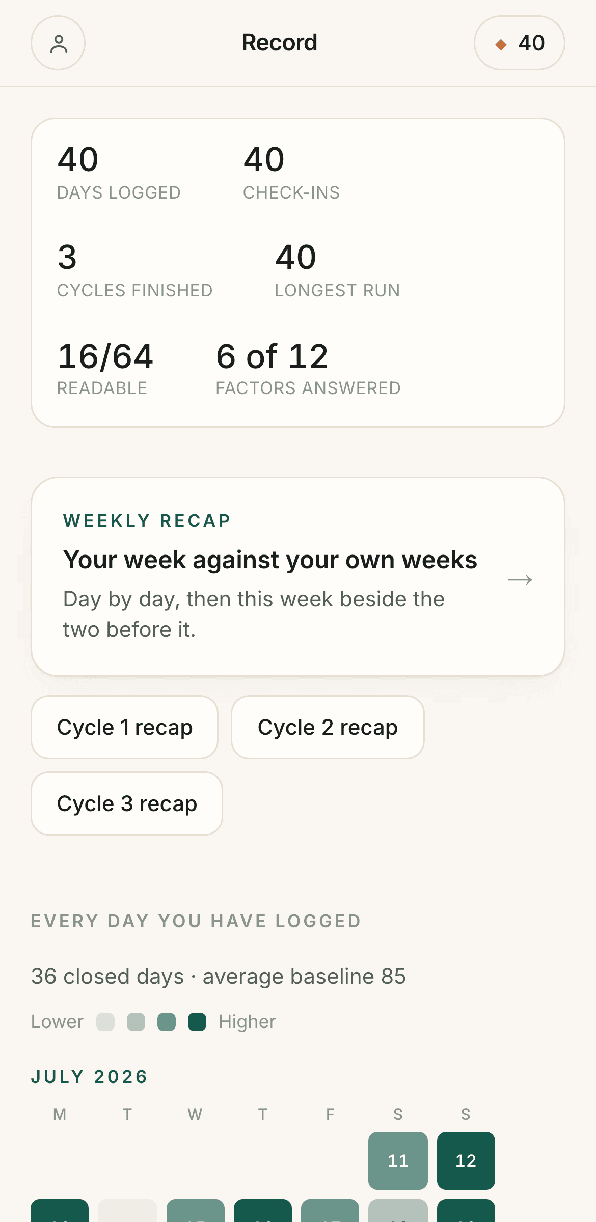 The PulseDays record: lifetime stats, weekly recaps and a calendar of every logged day