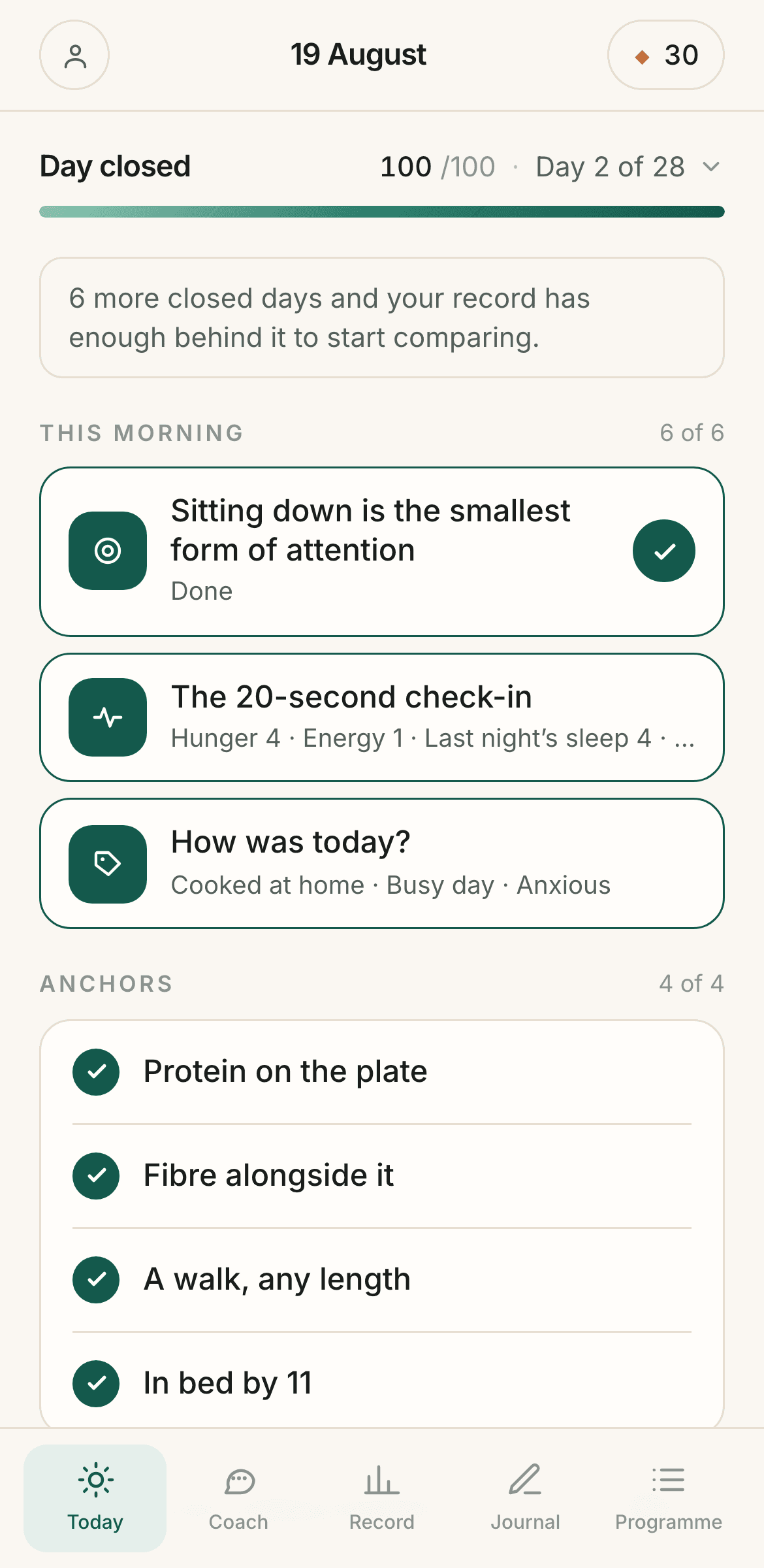 The PulseDays Today screen in the evening: tasks, anchors and a day score