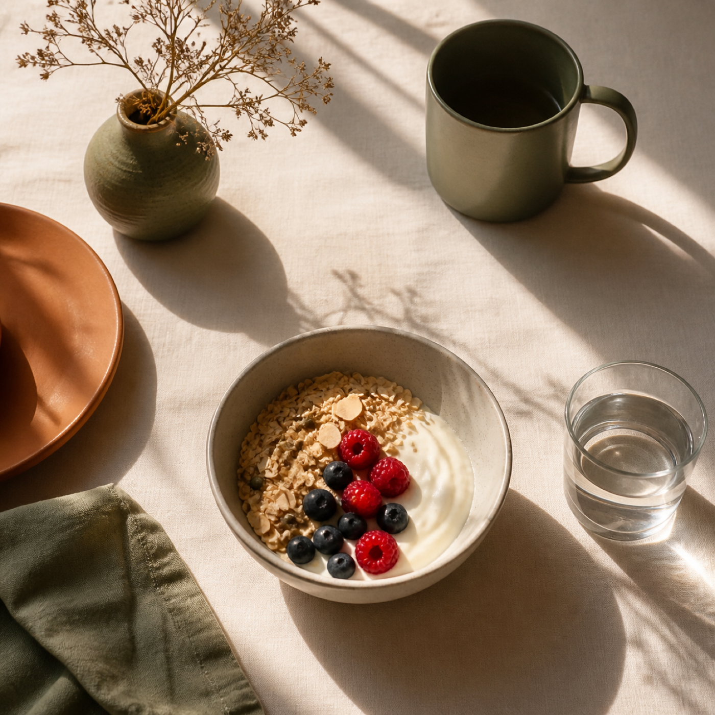 A yoghurt and berry breakfast bowl in morning light