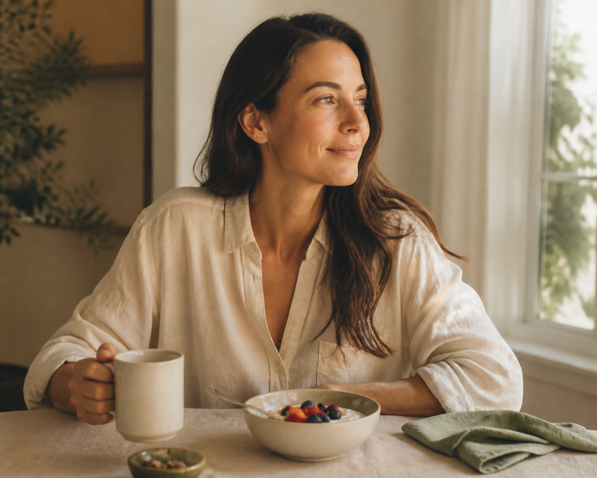 A woman having a calm breakfast by a sunlit window