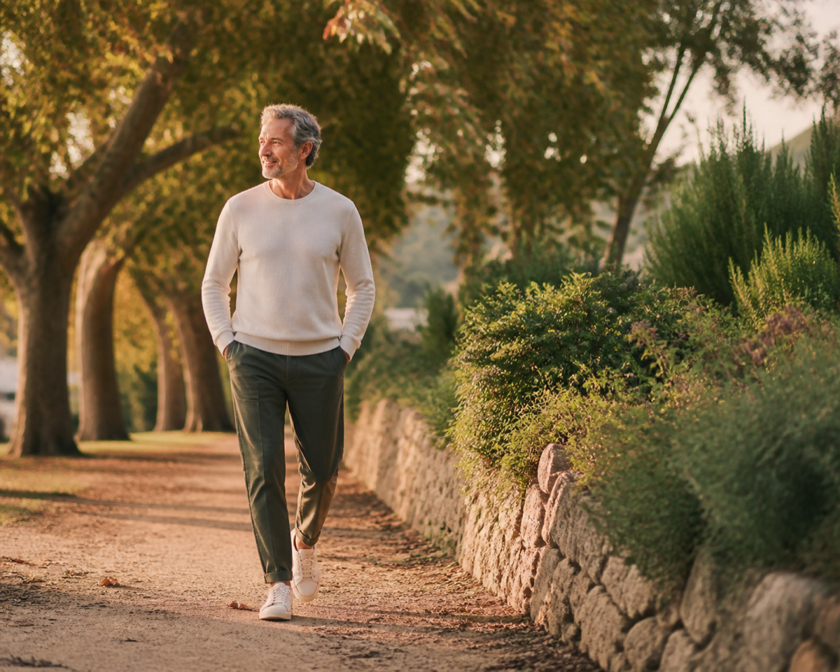 A man walking a tree-lined path in golden morning light