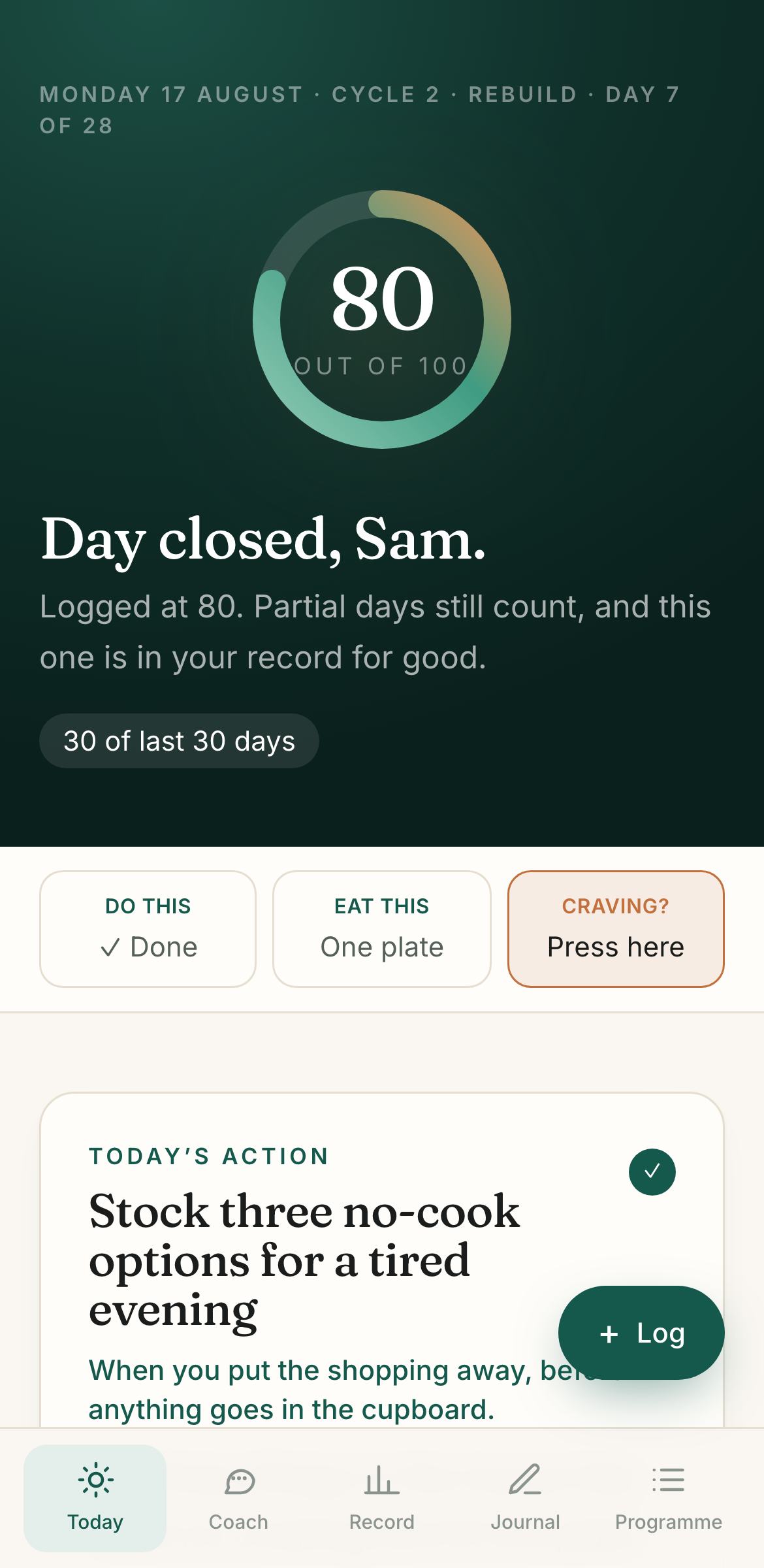 The PulseDays member home: score ring, today's action, Eat This